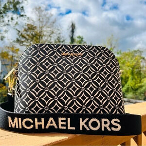 Michael Kors Cindy Dome Crossbody Bag Black White Logo Print Web Strap NWT